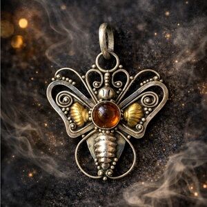 Sterling Silver Amber Moth Pendant 925 Y2K Nicaragua Artisan Boho 1.5”